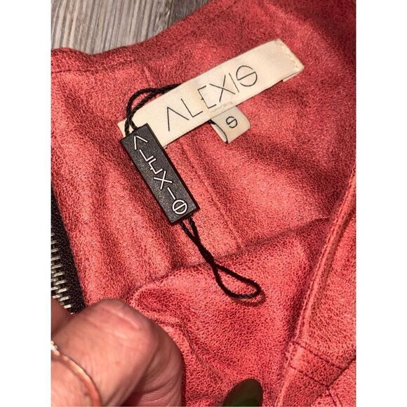 NWT ALEXIS X REVOLVE  faux leather suede rose metallic mini dress with zip back - Picture 6 of 8